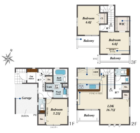 さいたま市北区宮原町2丁目　4期　新築一戸建て　ブルーミングガーデン　01の間取り|さいたま市北区宮原町2丁目　4期　新築一戸建て　ブルーミングガーデン　01、3LDK、土地面積66.67m2、建物面積107.22m2
