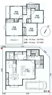 【間取り】 | 【仲介手数料無料！！】日野市平山5丁目　新築戸建て（全3棟）1号棟　4790万円 | 4LDK　建物：92.34㎡　北東角地（各幅員5m）