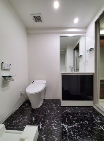 エグゼK&KⅡの洗面所|一面鏡化粧洗面台、温水洗浄便座付きタンクレストイレ、室内洗濯機置き場