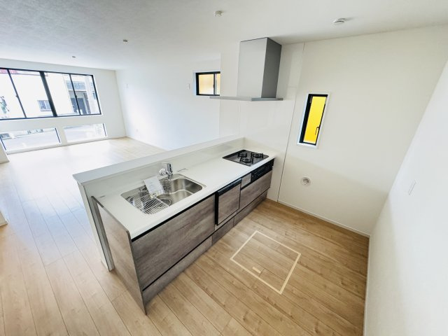 柏市亀甲台町２丁目新築戸建のキッチン|お手入れしやすいレンジフード・シンクの水栓には浄水器がついてます！