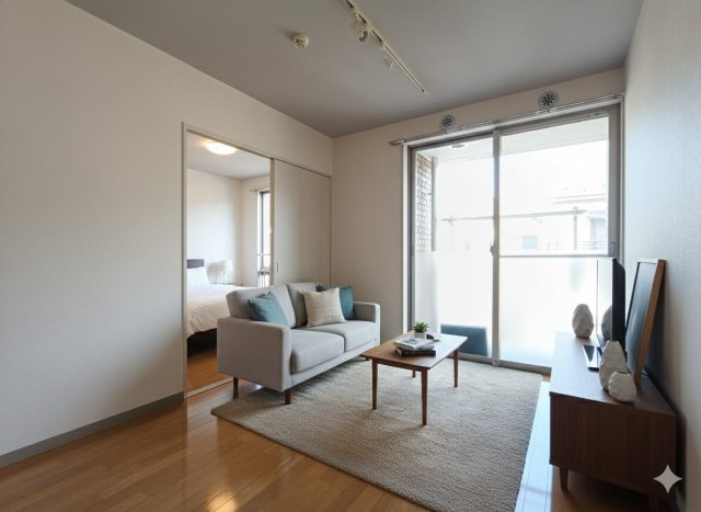 めんしん池之端の居間・リビング|モデルルーム参考写真ため家具類は付きません。明るいお部屋です。