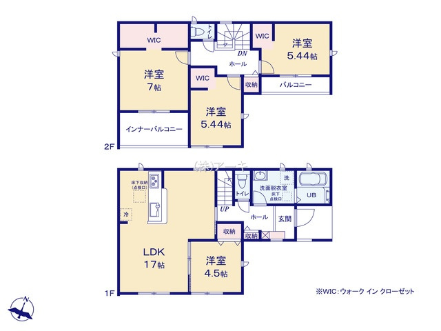 知多市寺本台3-13-2『仲介手数料無料』新築戸建ての間取り|　1号棟　1F:LDK17帖に隣接する洋室4.5帖はお子様の遊び場・奥様の家事室に便利♪ホール収納♪2F:主寝室7帖・洋室5.44帖・洋室5.44帖　WIC設置！ホール収納♪南面インナーバルコニー♪