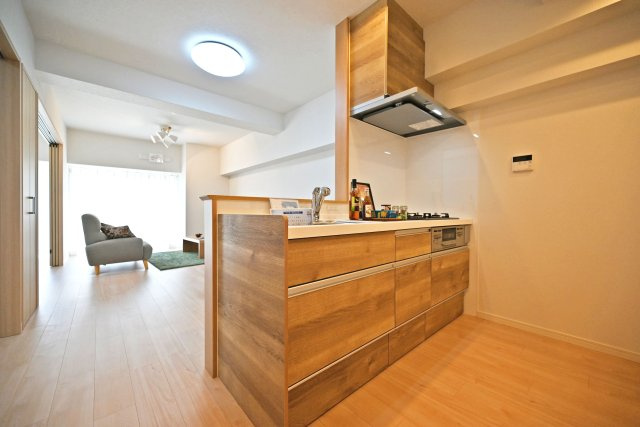 メガロコープ西宮Ⅱ2号棟のキッチン|キッチンユニット越しに撮影した内観写真です。 対面式キッチンを採用しているため視界は広く、ご家族間やご来訪者とのコミュニケーションも一体的に取り易くなっております。
