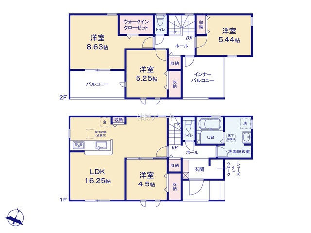 知多市寺本台3-13-2『仲介手数料無料』新築戸建ての間取り|　2号棟　1F:LDK16.25帖に隣接する洋室4.5帖はお子様の遊び場・奥様の家事室に便利♪ホール収納♪スッキリ片付くシューズインクローク♪2F:主寝室8.63帖　WIC設置！南面インナーバルコニー