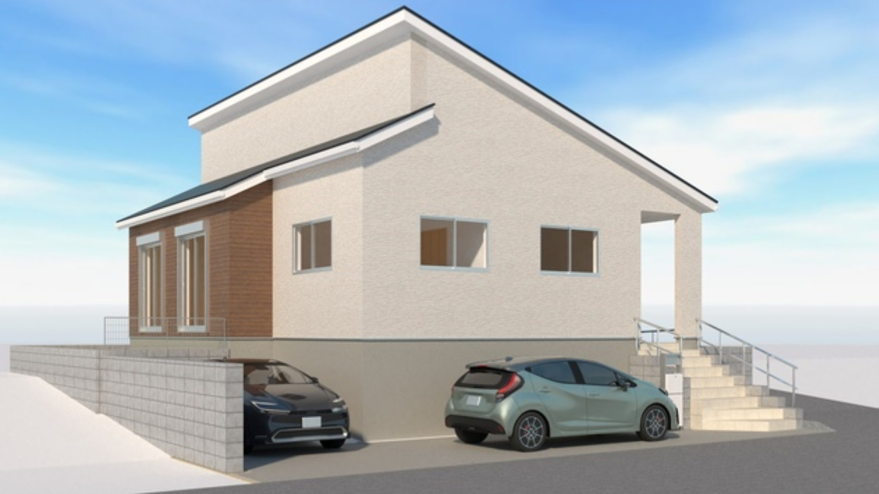 横浜市栄区上之町 新築戸建て【仲介手数料無料】カースペース2台/平屋の外観パース