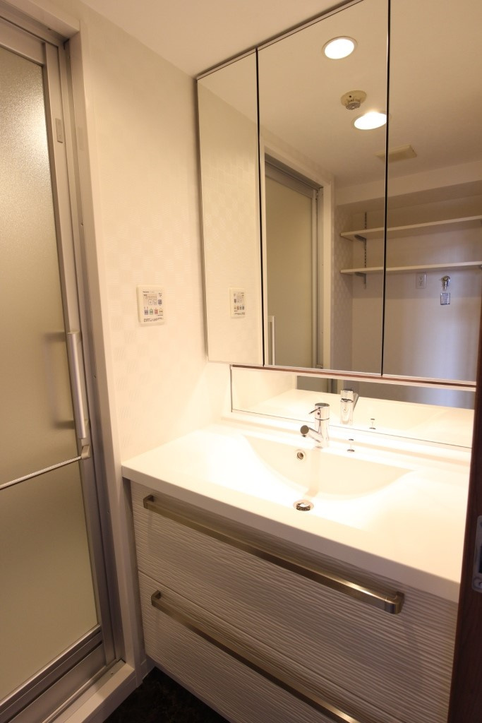 アルカディア八木の洗面所|収納豊富な洗面化粧台　鏡の裏もすべて収納スペースです。