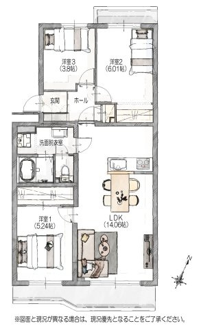 【間取り】 | コープ野村香椎駅東 B棟 | 2面バルコニー付きの明るい3LDKは全面リフォーム済なので気持ちよく新生活を始められます