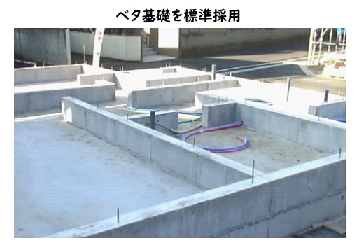 碧南市春日町の構造・工法・仕様|『ベタ基礎』を標準採用しています。太さ13mmの鉄筋を碁盤目状に配筋した上にコンクリートを流し込む工法になります。耐震性や不同沈下への耐久性に優れ、床下防湿対策にもなるのが特徴です