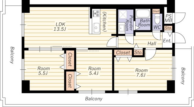 【間取り】 | ユアサハイム新高 | 陽当り良好／三方角部屋／令和７年１０月室内リフォーム済
