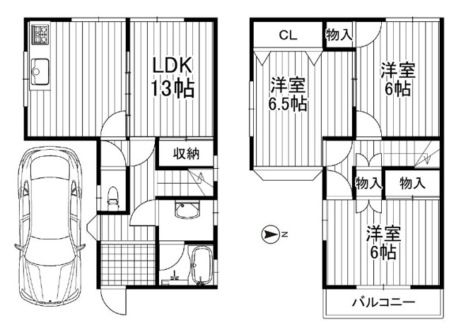 【間取り】 | 八尾市刑部4丁目 | 2階建て♪車庫付3LDK♪新規リフォーム済み☆全洋室6帖以上♪システムキッチン・TVモニターホン新調完備☆屋根裏収納付きです♪