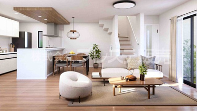 【居間・リビング】 | 生駒市辻町の新築一戸建 全２区画 | １号地リビング完成イメージ／ＬＤＫは広々18.5帖！南西向きですので、陽あたり良好です♪※モデルハウスあり
