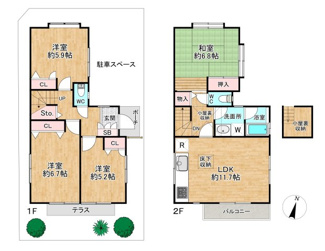 【間取り】 | 世田谷区北烏山8丁目4LDK一戸建て | 4LDKの間取り・1階2階それぞれにトイレ有り。2階上部に小屋裏収納もあります。