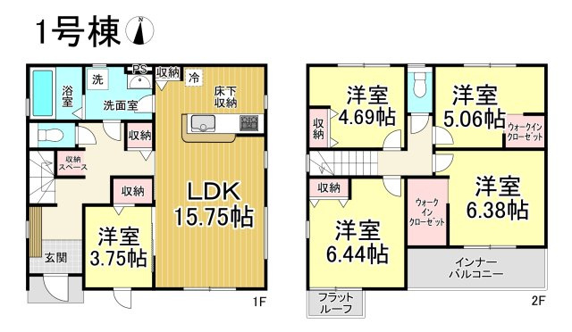 【今からご案内可能】東海市加木屋町宮ノ脇 全1棟の間取り|【1号棟】５LDK＋WIC
土地面積:153.01㎡、建物面積:111.81㎡