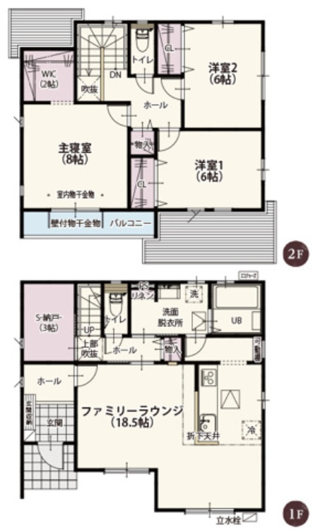 小山市城北　第4期　全2邸の間取り|〇3LDK+S〇
広々ファミリーラウンジ18.5帖！全居室6帖以上！
※+Sとは、納戸のことです