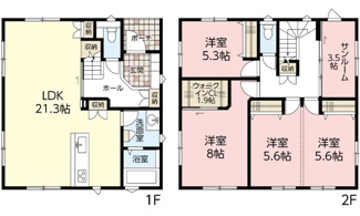 【間取り】 | 佐伯区皆賀1丁目（JR五日市駅）　全2区画　NO1【角地】【P3台可】 | 21.3帖の大空間LDKを備えた4LDKの間取り。全居室に収納があり、2階には1.9帖のウォークインクローゼットや3.5帖のサンルームを配置。家事動線と収納力に配慮した、ゆとりある住空間が特徴です。
