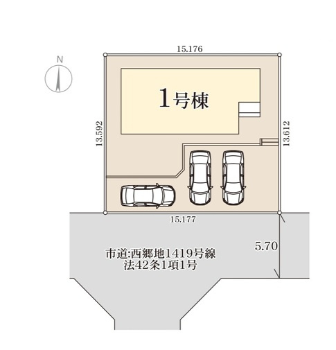 リーブルガーデン 　小美玉市清風台団地　第6　限定1棟！の区画図|3台並列駐車可能です。前面道路幅6メートル、駐車ラクラクです。