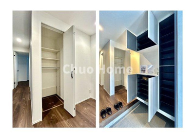 【玄関】 | 葛飾区奥戸1丁目新築分譲住宅 | 【玄関】玄関には大型のシューズクローゼットを設置しておりますのでいつでもスッキリりとした空間を保てます。玄関周りを清潔に使うのはとても大事なことですよね。