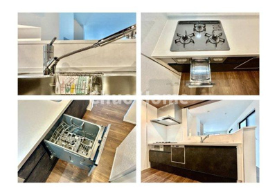 【キッチン】 | 葛飾区奥戸1丁目新築分譲住宅 | 【システムキッチン】ワイドで収納豊富な使い勝手の良いカウンターキッチンには、食洗器や伸縮タイプのキッチン水栓、三ツ口コンロ・魚焼きグリルなどの便利な設備が標準完備されています。