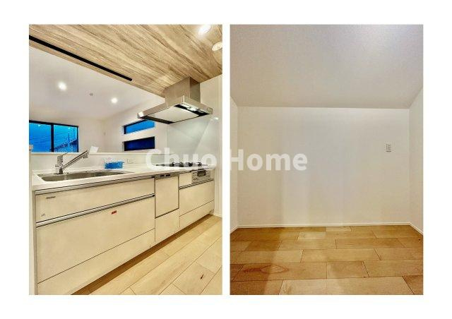 葛飾区西水元1丁目新築分譲住宅のキッチン|ワイドで収納豊富なシステムキッチン・背面には大型パントリー