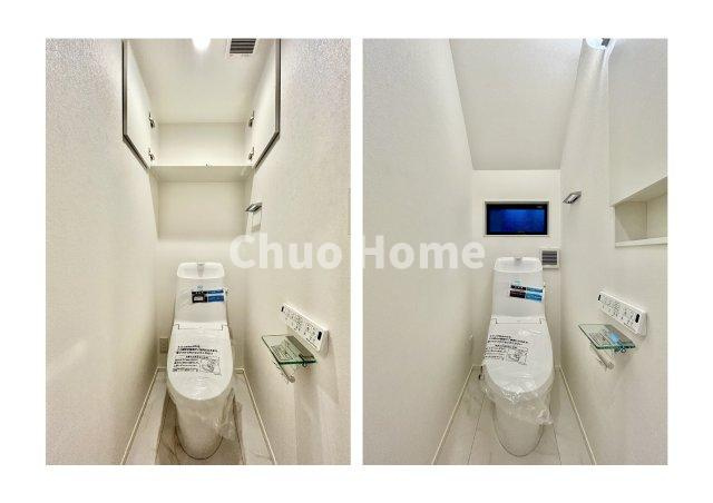 葛飾区西水元1丁目新築分譲住宅のトイレ|【トイレ】 収納スペースをしっかりと確保した温水洗浄便座機能付きトイレ。温水洗浄便座は清潔にお使いいただくための大切なアイテムです。