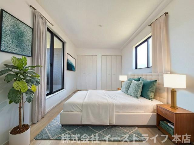 【新築戸建】　いわき市郷ケ丘4期の寝室|1号棟写真　寝室に家具を配置したイメージ画像です
※本画像はCGで作成しており、実際に現地に 家具は置かれておりません。また、価格に 家具は含まれておりません。