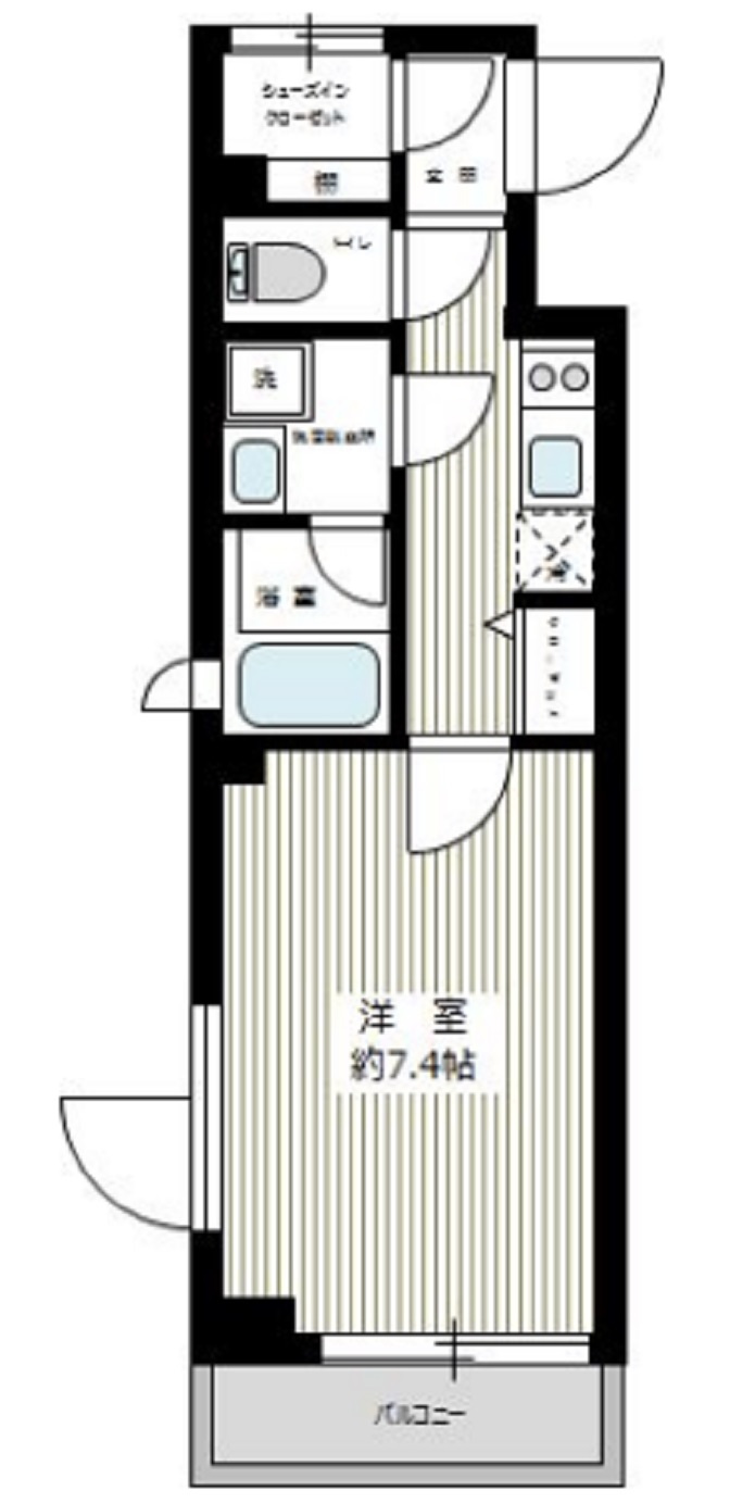 XEBEC下丸子の間取り|西向きバルコニー北西角部屋2面採光の1K洋室7.4帖バストイレ別独立洗面台！