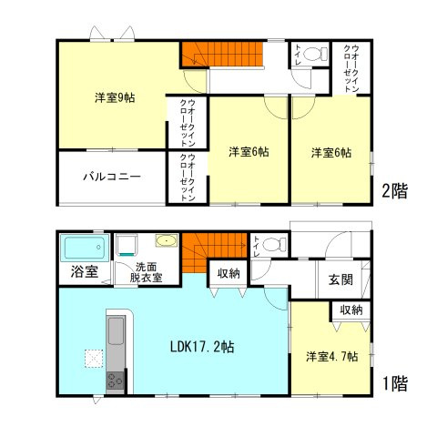 【間取り】 | アーバンスタイル高崎市矢中町ー② | モダンな全室洋室仕様＋明るい南向き間取り！
家族と自然に顔合わせできるリビングアクセス階段！
2階には全室にウォークインクローゼット完備！
