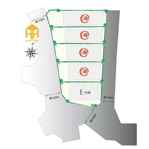 伊丹市野間北1丁目新築一戸建て│3LDK+駐車駐輪の区画図|全5区画の分譲地です。