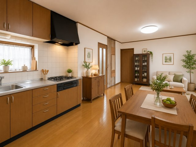 大和高田市有井のキッチン|収納たっぷりなシステムキッチンのあるダイニング（画像の家具はAIによって作成したものです）
