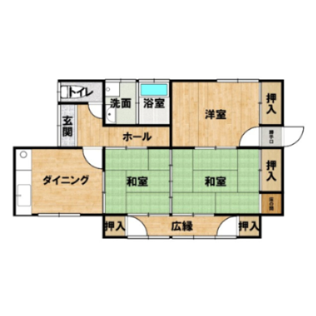 中古戸建　中里見町の間取り|現状と図面が異なる場合は現状優先といたします。
ダイニングキッチンから二間の和室へとつながる間取りです。仕切って使うもよし、開放して広間として使うもよしです。
