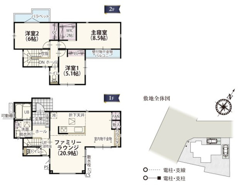 【間取り】 | 20.9帖の開放的なLDKは室内物干し金物とカウンターが設置してあるのでスムーズに家事ができます！キッチンは左右どちらからも出入りできるので移動がラクラク♪