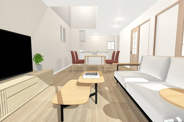 松川町２　建築条件付き土地の完成予想図|【イメージパース】開放的な吹抜があるリビング！自然光が差し込みお部屋が明るくなりますね！