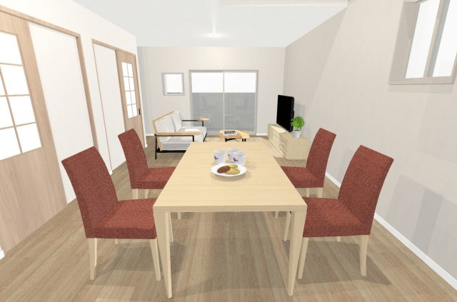 松川町２　建築条件付き土地の完成予想図|【イメージパース】リビング広々２０帖！自然とご家族が集まり会話も弾みますね♪お気に入りのインテリアを置いたり、家具選びも楽しみの一つになりますね♪