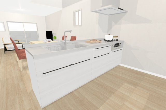 松川町２　建築条件付き土地の完成予想図|【イメージパース】お料理中もリビングの様子に目を配れる対面式キッチン！小さなお子様がいるご家庭も安心ですね！