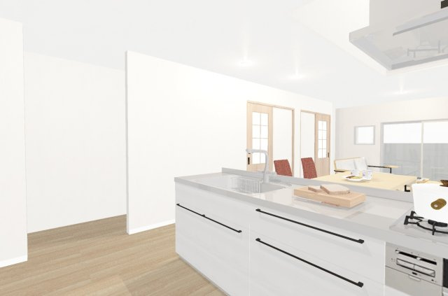 松川町２　建築条件付き土地の完成予想図|【イメージパース】キッチンからリビングを見渡せるため、お料理中でもお子様の様子を見守ることができますね！目を離さずに家事ができるので安心ですね！