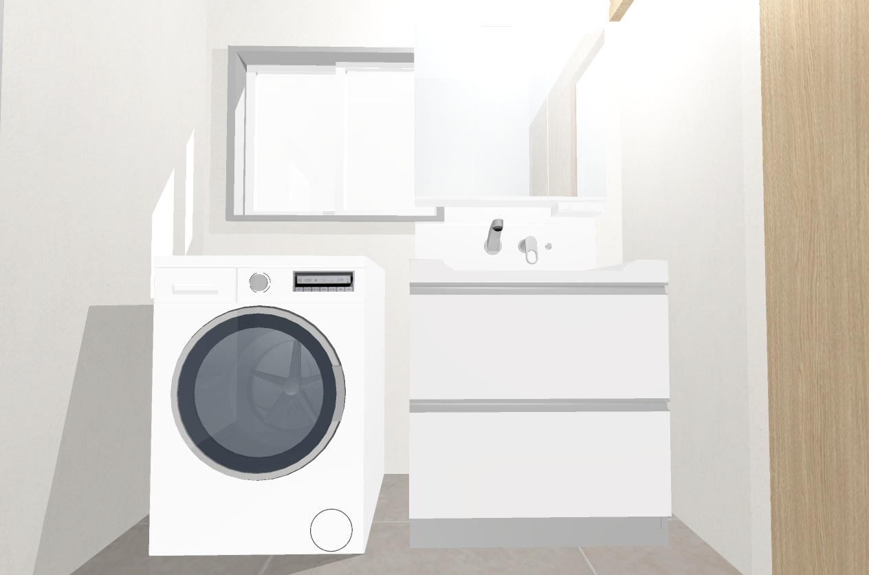 松川町２　建築条件付き土地の完成予想図|【イメージパース】ミラーキャビネットの洗面化粧台でメイク用品や洗顔小物などもスッキリ収納できますね！