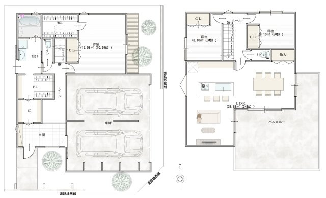 グラッド・タウン大東市明美の里町　建築条件【無し】の土地図＋建物プラン例|建物価格　延床面積30坪の場合　2,000万円