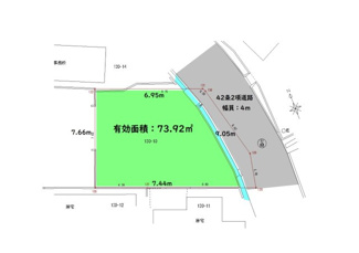 【土地図】 | 加古川町備後売地 | 有効面積は73.92㎡（22.36坪）です
間口：9.05ｍ　幅：7.6ｍ　奥行：6.9ｍ～7.4ｍです