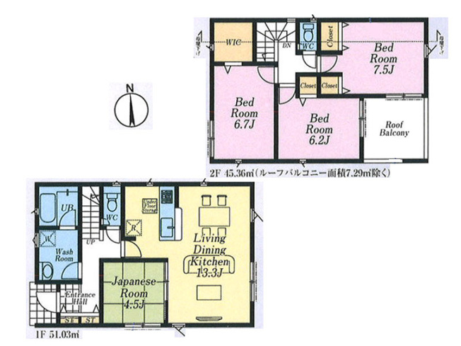 【間取り】 | 富士見市諏訪2丁目　新築一戸建住宅　全4棟　(ふじみ野店) | 2号棟/家事や育児に便利なリビング横に和洋室のあるプラン。
WICなど収納も多く、お部屋を広くお使いいただけます。