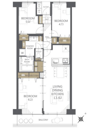 ハイラーク千葉の間取り|日当たり良好な広々としたリビングは、家族で団らんなどにも適した大切な空間になります。キッチンはカウンタータイプなので、家族と対面して料理が出来るのもうれしいですね！