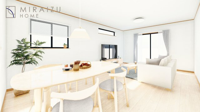 【完成予想図】 | 大きな窓が特徴の南向きリビングでは、太陽光も沢山取り込むことが出来てお家の中にいても日光浴が可能ですね、開放的な空間です。インテリア選びも楽しそう、ご家族様で相談しながらインテリア配置も楽しみたいです