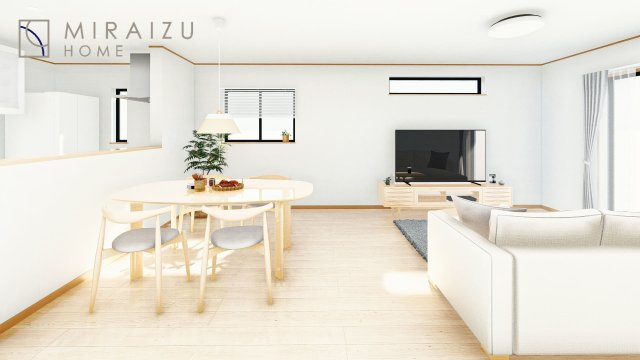 【完成予想図】 | 明るい光が取り入れられる空間設計のリビングです。インテリア配置もしやすい間取りです。壁や床の色と合わせて落ち着いたインテリアも選びたいですね♪グリーンを飾っても素敵だと思います。
