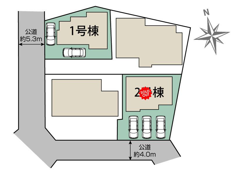 【同施工物件ご案内可能】東海市富木島町前田面 2棟の区画図|全体区画数｜全2棟
◆駐車2台可能！(但し、車種による)
◎まずは、お気軽にお問い合わせください。現地を案内しながら周辺環境も見て頂けます。