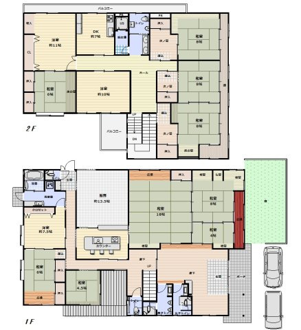玉湯町玉造店舗兼用住宅の間取り|12部屋の建物面積約136坪の大豪邸になります。半分を料亭として予約型の飲食店をされていた歴がございます。