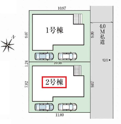 【区画図】 | 東村山市青葉町3丁目・全2棟　新築一戸建　2号棟 | 【全2棟・2号棟】
縦列駐車2台可能です。(車種制限あり)