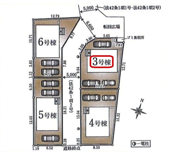 清瀬市下清戸1丁目・全4棟　新築一戸建　3号棟の区画図|【全4棟・3号棟】土地面積143.05平米（約43.27坪）カースペース3台（車種による）