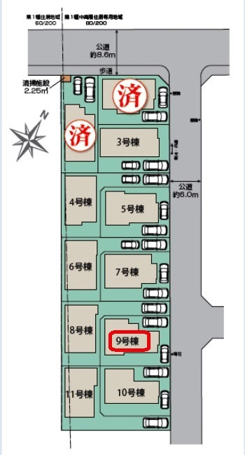 所沢市東所沢和田3丁目・全11棟　新築一戸建　9号棟の区画図|【全11棟・9号棟】整形地・土地面積127.20平米（約38.47坪）