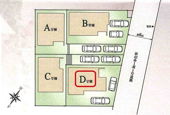 所沢市東所沢3丁目・全4棟　新築一戸建　D号棟の区画図|【全4棟・D号棟】カースペース2台（車種による）・土地面積125.89平米（約38.08坪）