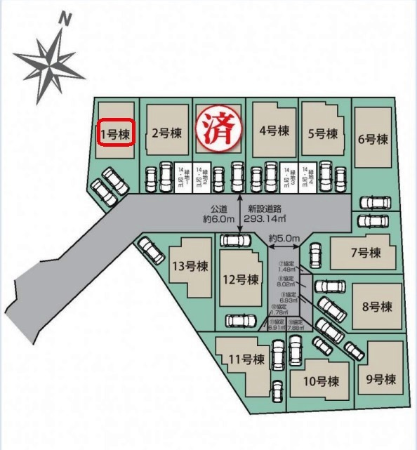 東久留米市下里5丁目・全13棟　新築一戸建　1号棟の区画図|【全13棟・1号棟】カースペース並列2台・土地面積124.49平米(約37.65坪）