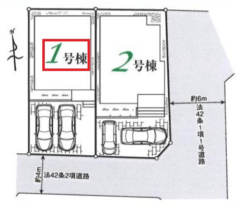 所沢市岩岡町・全2棟　新築一戸建　1号棟　～並列駐車2台可～の区画図|【全2棟・1号棟】
並列駐車2台可、南道路に面し日当たり良好です。